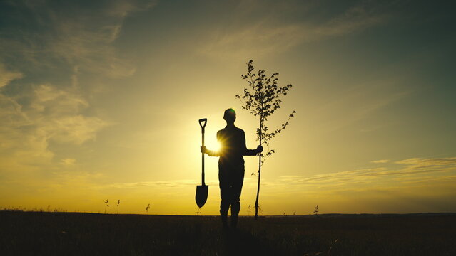 farmer sunset with seedling shovel walks across field. farmer silhouette. agriculture. farming conce