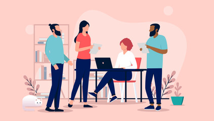 Aufkleber - People working in office - Team of four people, men and women doing work and talking at work. Flat design vector illustration