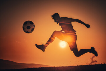 Wall Mural - soccer player jumping to head the ball with the sun setting in the background, generative ai