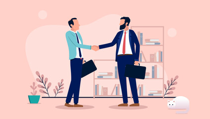 Aufkleber - Handshake business - Two businessmen shaking hands over deal and agreement in office. Flat design vector illustration graphic