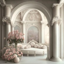 Fairytale Princess Parlor In Neutral Color Palette Roses Roman Corinthian Columns Moulding Arches Light And Airy Etherial Beautiful Romantic Chaise 