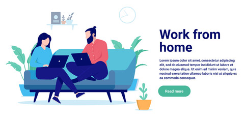 Poster - Work from home - Couple sitting in couch with laptop computers working remotely together. Flat design vector illustration with copy space and white background
