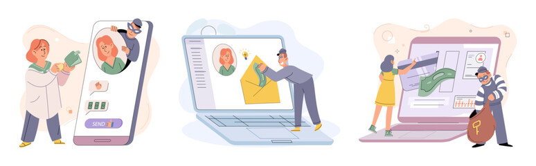 Hacker activity. Hacking computer. Phishing account, steal data, cyber attack. Stealing password. Cyber crime, theft personal information, cyber security spy access. Internet fraud scenes set metaphor