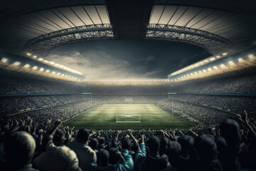 Wall Mural - modern football stadium with the team playing in front of a packed crowd, generative ai