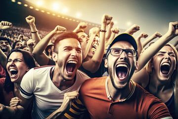 Wall Mural - Joyful soccer fans cheering on their team in a packed stadium, generative ai