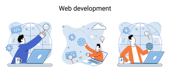 Web development metaphor, coding and programming responsive layout internet site or app of devices. Creation digital Software mobile, desktop platforms. Computer code, tablet, phone, digital business