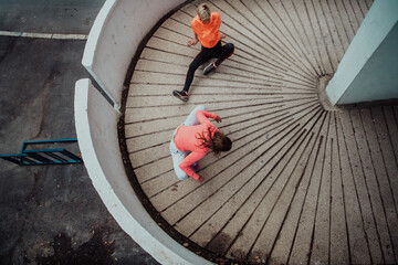 Wall Mural - Two women warming up together and preparing for a morning run in an urban environment. Selective focus 