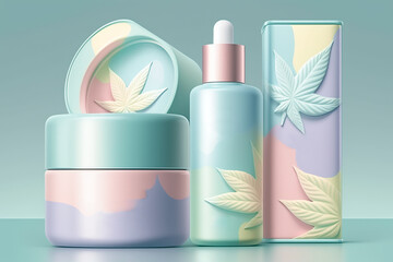 Body and face care beauty skin care cosmetic products with  cannabis. Lotion, essential oil, cream. pastel color. Generative AI 