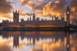 Fototapeta Londyn - Big Ben and Houses of Parliament at dusk, London, UK. Colorful sunset