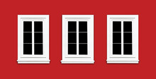 PVC Windows. Architecture Background. Vibrant Color Red Wall Facade. Small Town House Exterior. Street Of European City Building. Three Window Frames Isolated On Empty Wall. Simple Windows In A Row.