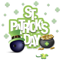 Happy St. Patrick's day.Bowling ball in leprechaun hat, pot with gold coins and clover. Pattern design for logo, banner, poster, greeting card. Vector illustration on isolated background