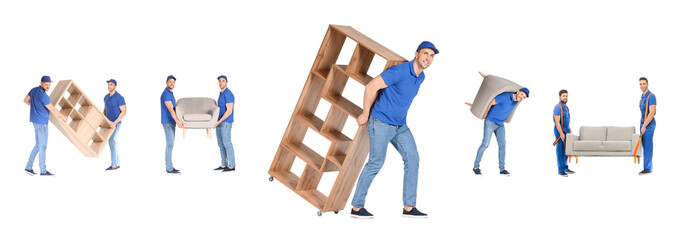 Wall Mural - Collage of loaders carrying different furniture against white background