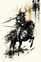 真作】掛軸 武士と馬の躍動感ある墨彩画 戦国の風景 力強き武士の姿