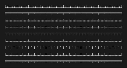 Wall Mural - Various measurement scales with divisions. Realistic white scale for measuring length or height in centimeters, millimeters or inches. Ruler, tape measure marks, size indicators. Vector illustration