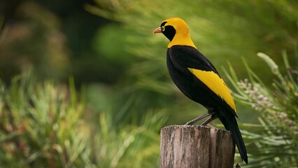 Wall Mural - regent bowerbird - sericulus chrysocephalus medium-sized sexually dimorphic bird, male bird is black