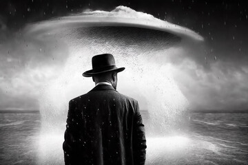 a man standing and looking at storm in the sea. surreal illustration of man in rain. generative ai