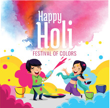 Happy Holi. Cartoon Young People Playing Holi Vector Illustration Design Social Media Post