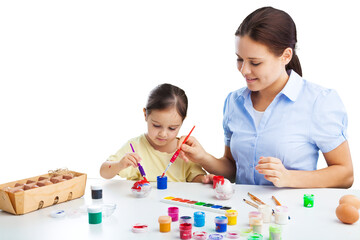 Sticker - Happy mother and her daughter painting easter eggs.