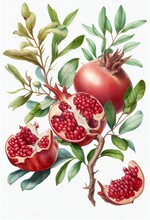 Fresh Branch Of Pomegranate Tree, Drawing On White Background. Watercolor AI Generative Illustration