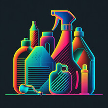 Neon Cleaning Supplies Spray Bottle Bleach Detergent Colorful Generative AI	