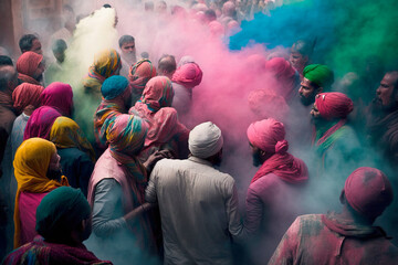 Wall Mural - Holi Festival in India is a joyful celebration of spring, with participants reveling in the tradition of throwing and smearing colorful powders. Generative AI.