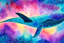 Whale Among The Stars. Constellation Of Whale . Whale. Watercolor Painting.  Space Nebula Background.