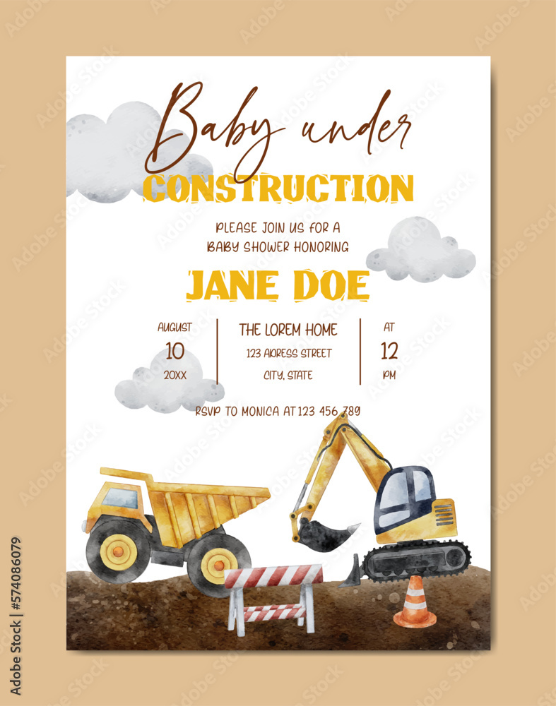 Baby Shower with Construction theme watercolor invitation card background  template for baby and kids birth celebration Stock Vector | Adobe Stock, image size:787x1000