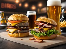 Two Cheeseburgers With Fries And A Mug Of Beer In Background. AI Generative Illustrations