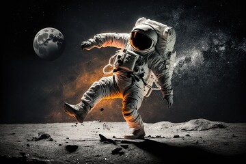 Wall Mural - An astronaut in a space suit is performing a dance on the moon's surface, Generative AI