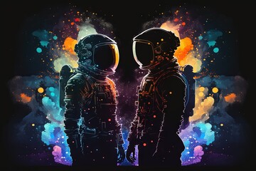 Wall Mural - Astronauts wearing space suits standing together in solidarity, Generative AI