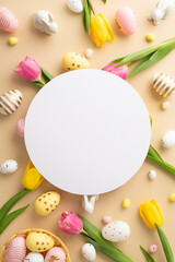 Wall Mural - Easter concept. Top view vertical photo of white circle colorful easter eggs in bowl ceramic easter bunnies yellow and pink tulips on isolated pastel beige background with blank space