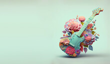 Guitar Acoustic Instrument With Flowers, Music Passion Concept, Pastel Colors, Generative AI
