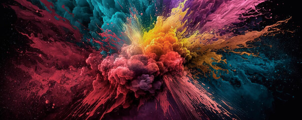  Splash of vibrant pigments of Holi powders. Multicolor background represent the essence of the Holi Festival in India or Nepal. The Hindu festival of colours. Spring Festival. Generative AI.