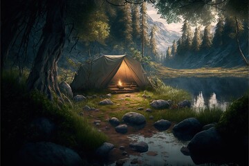 quiet camping spot surrounded by nature, concept of Serene and Peaceful, created with Generative AI technology