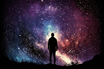 Wall Mural - A man's silhouette against the cosmic background of the universe, Generative AI
