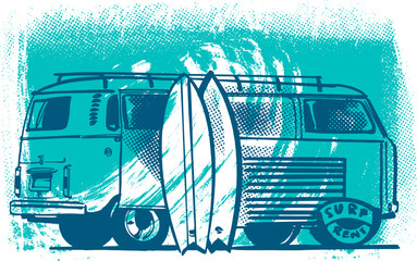 vector sketch of the  vehicle with the surfboards 