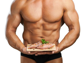 Sticker - A young man muscular holds meat, diet healthy concept