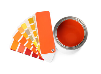 Sticker - Can with orange paint and palette samples on white background, above view