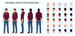 Casual Man Character Constructor for Animation, Cartoon Man Wearing Hoodie and Blue Jeans Character Creation with Front Side and Back View