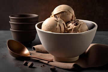 Bowl of delicious coffee ice cream on dark background. Generative ai and digital editing.