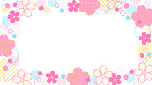 カラフルで子どもっぽい桜の花の幾何学図形フレーム　横長