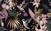 Dark Horizontal Illustration Of Some Colibri Among Green Leaves As Wallpaper Or Background. Beautiful Hummingbirds In Foliage, Dark Oriental Style.