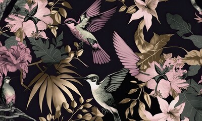 Dark horizontal illustration of some colibri among green leaves as wallpaper or background. Beautiful hummingbirds in foliage, dark oriental style.