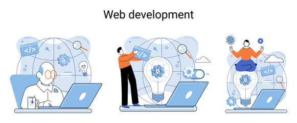 Web development metaphor, coding and programming responsive layout internet site or app of devices. Creation digital Software mobile, desktop platforms. Computer code, tablet, phone, digital business