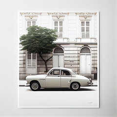 Wall Mural - Minimalistic detail nostalgic  house, vintage car parked 