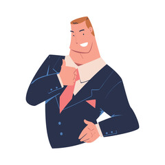 Poster - Successful businessman doing thumbs up gesture. Strong muscular man character in blue suit cartoon vector illustration