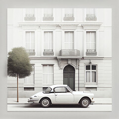 Wall Mural - Minimalistic detail nostalgic  house, vintage car parked 