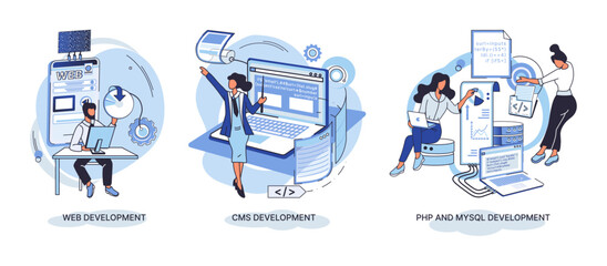 Website architecture concepts metaphor. Web development, PHP and MySQL, CMS, interface design, software testing. Creation digital Software mobile, desktop platforms. Digital content management system