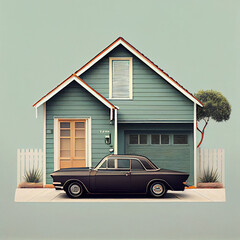 Wall Mural - Minimalistic detail nostalgic  house, vintage car parked 