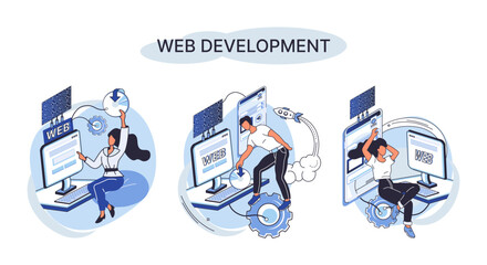 Web development metaphor, coding and programming responsive layout internet site or app of devices. Creation digital Software mobile, desktop platforms. Computer code, tablet, phone, digital business